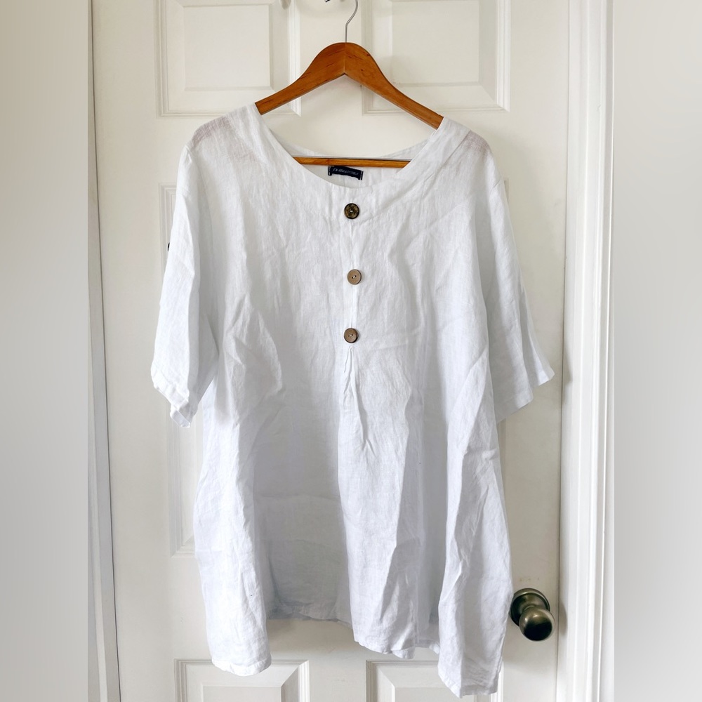 Women’s White 100% Italian Linen Rolled Sleeve Button Detail Tunic Top XL